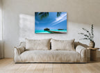 Lagoon Pier Retreat coastal canvas print on the wall of a living room