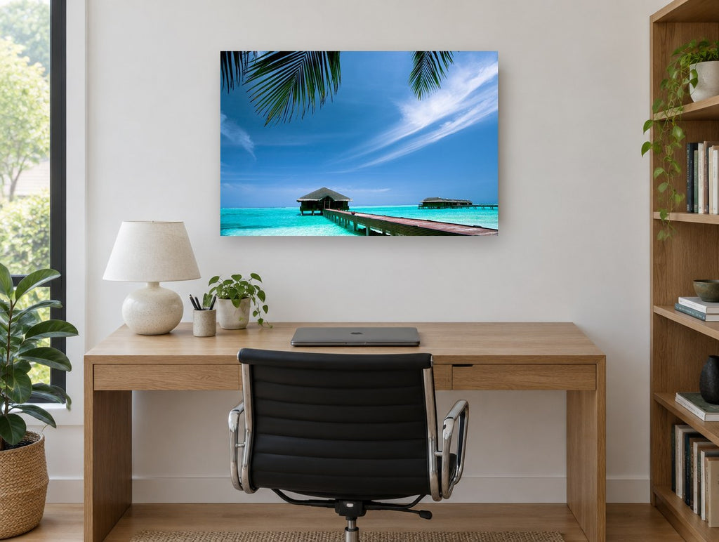Lagoon Pier Retreat coastal canvas print on the wall of a study