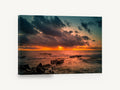 Ember Sky Breakwater, sunset seascape photograph with timber groynes, coastal canvas wall art print ready to hang