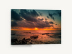 Ember Sky Breakwater, sunset seascape photograph with timber groynes, coastal canvas wall art print ready to hang