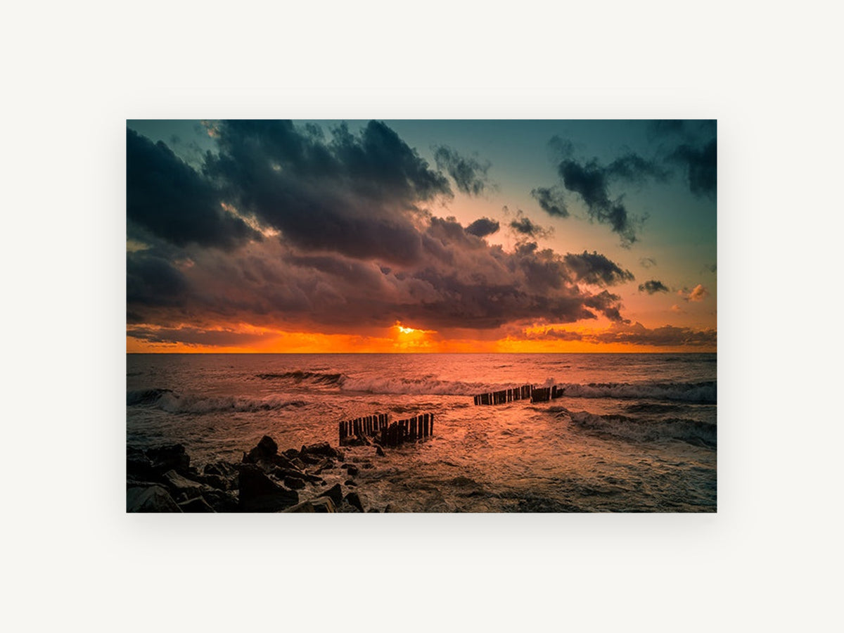 Ember Sky Breakwater, coastal canvas wall art print, front view