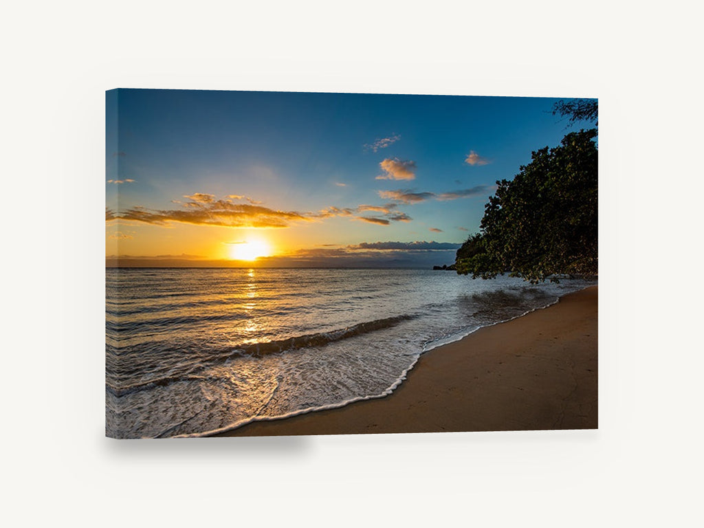 Golden Hour Shoreline, sunset beach seascape photograph, coastal canvas wall art print ready to hang