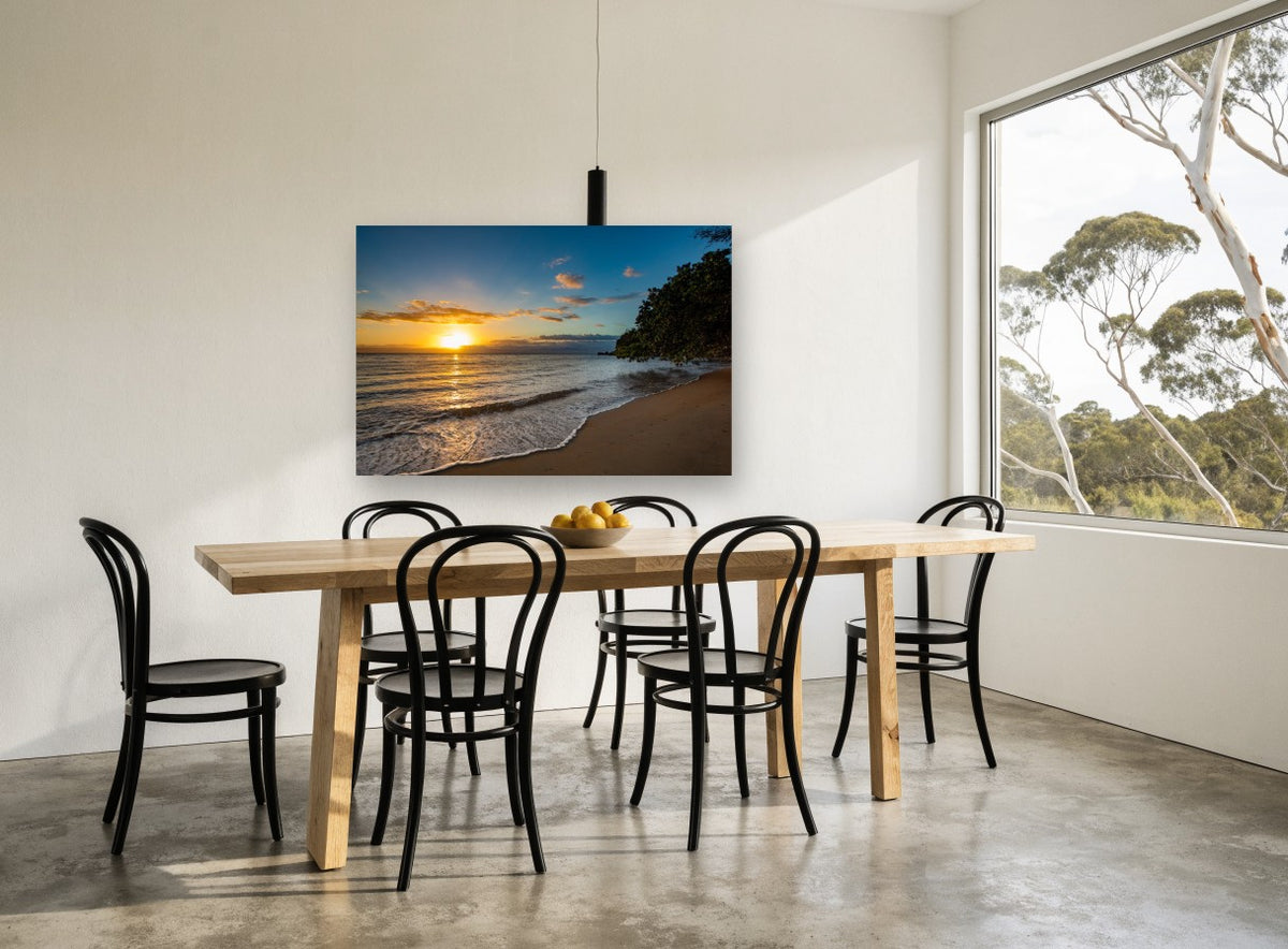 Golden Hour Shoreline coastal canvas print on the wall of a dining room