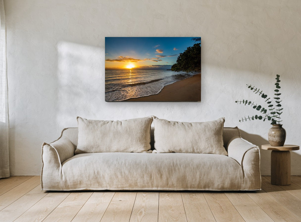 Golden Hour Shoreline coastal canvas print on the wall of a living room