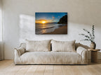 Golden Hour Shoreline coastal canvas print on the wall of a living room
