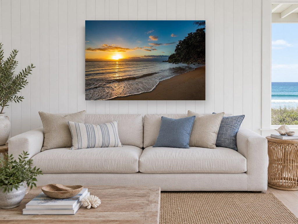 Golden Hour Shoreline coastal canvas print on the wall of a beach house living room