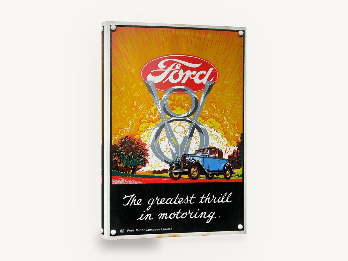 Greatest Thrill in Motoring, vintage ford v8 motoring advertising sign, stretched canvas wall art print ready to hang
