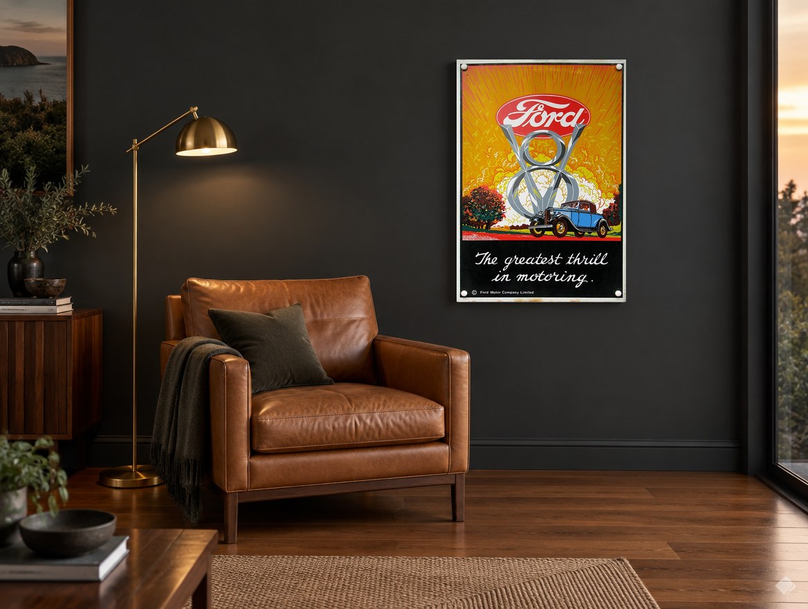 Greatest Thrill in Motoring vintage canvas print on the wall of a charcoal living room