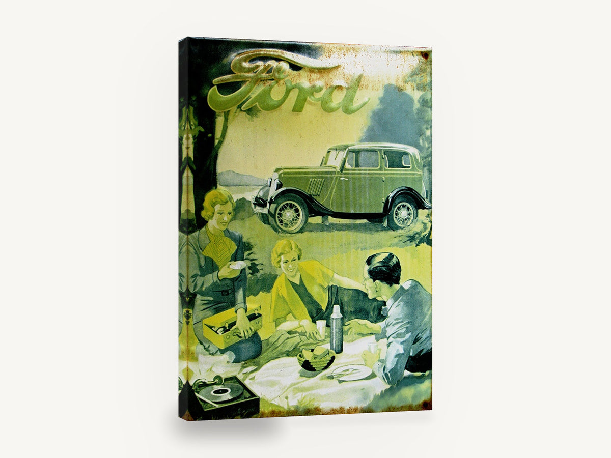 Ford Picnic Outing, vintage ford car picnic advertising sign, stretched canvas wall art print ready to hang