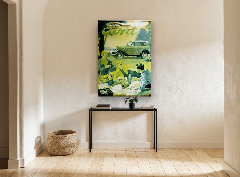 Ford Picnic Outing vintage canvas print on the wall of a hallway