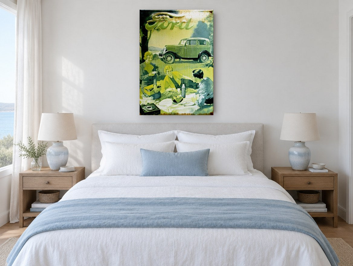 Ford Picnic Outing vintage canvas print on the wall of a coastal bedroom