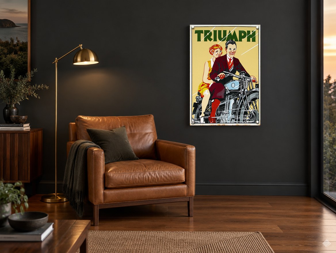 Triumph Couple Ride Out vintage canvas print on the wall of a charcoal living room