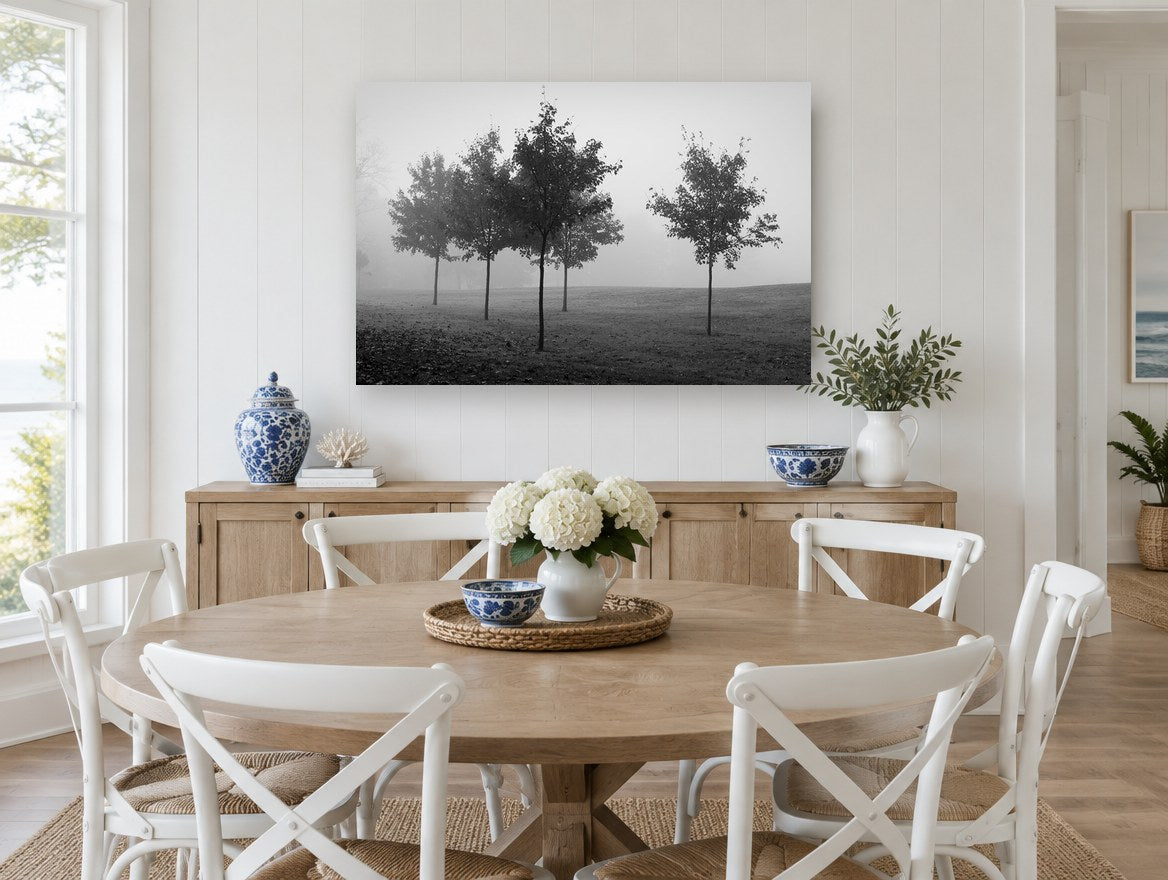 Park Trees in Fog landscape canvas print on the wall of a Hamptons dining room