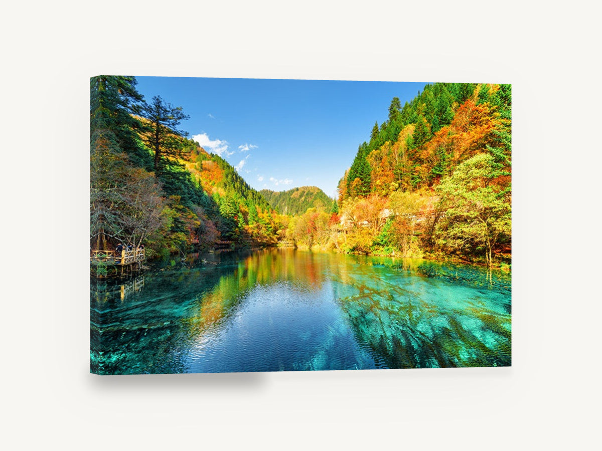 Turquoise Autumn Lake, turquoise lake autumn forest photograph, landscape canvas wall art print ready to hang