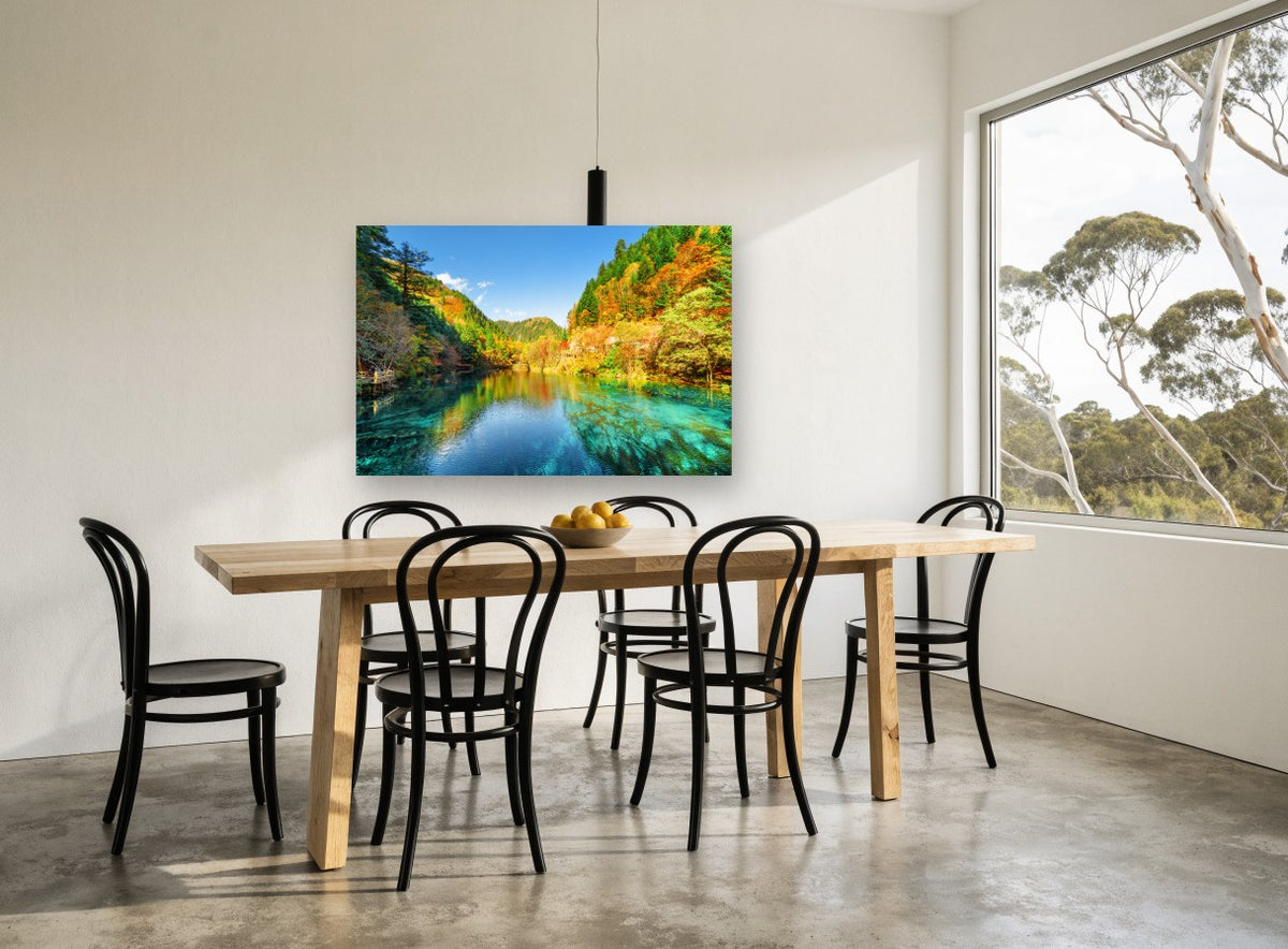 Turquoise Autumn Lake landscape canvas print on the wall of a dining room