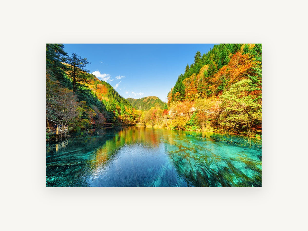 Turquoise Autumn Lake, turquoise lake autumn forest photograph, landscape canvas wall art print, front view