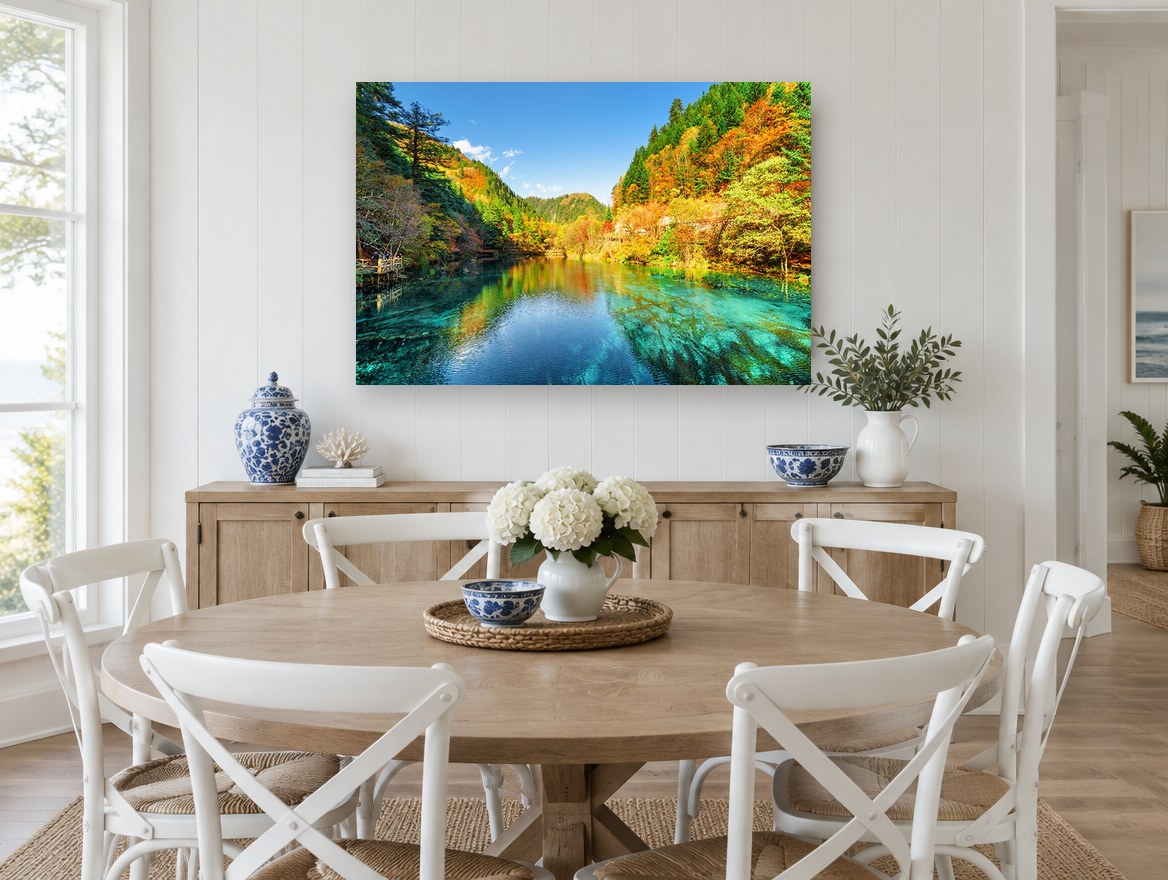 Turquoise Autumn Lake landscape canvas print on the wall of a Hamptons dining room