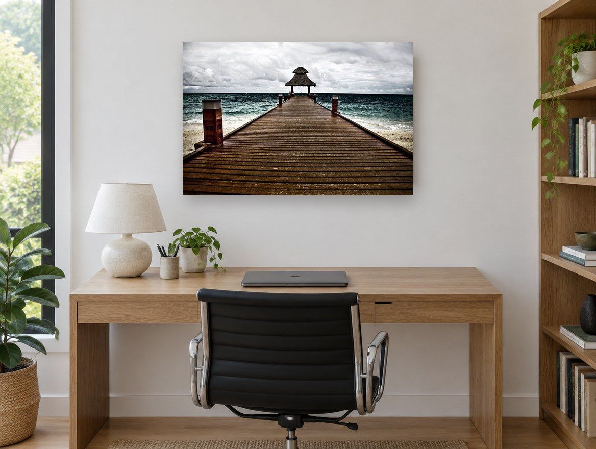 Thatched Jetty Storm coastal canvas print on the wall of a study