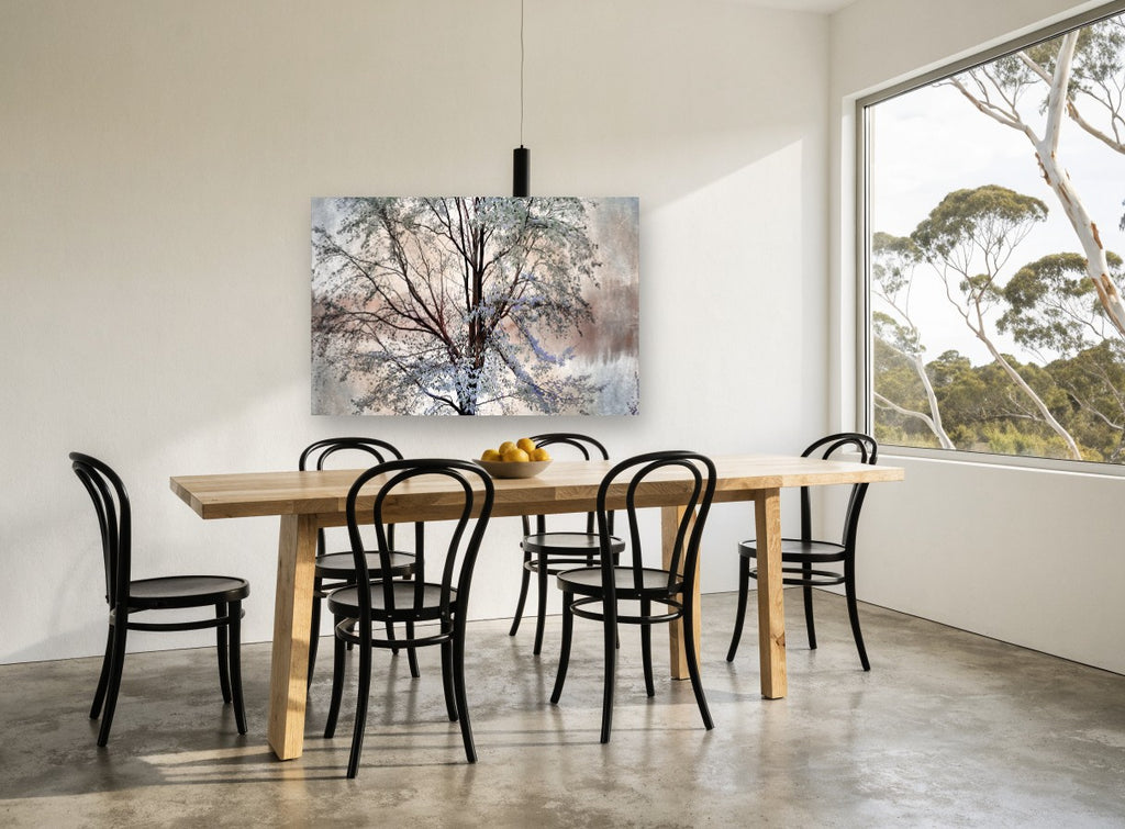 Pale Spring Tree landscape canvas print on the wall of a dining room