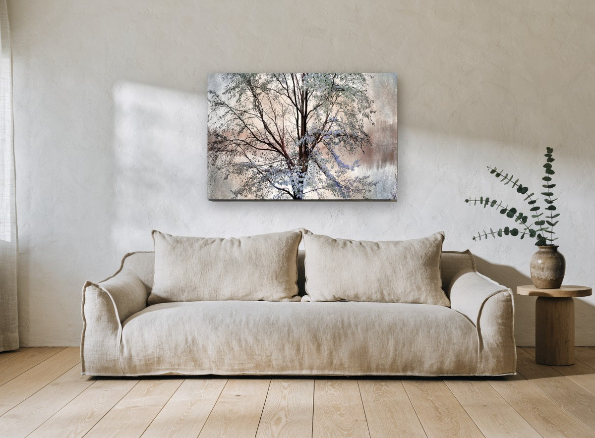 Pale Spring Tree landscape canvas print on the wall of a living room