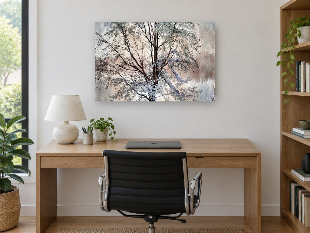 Pale Spring Tree landscape canvas print on the wall of a study