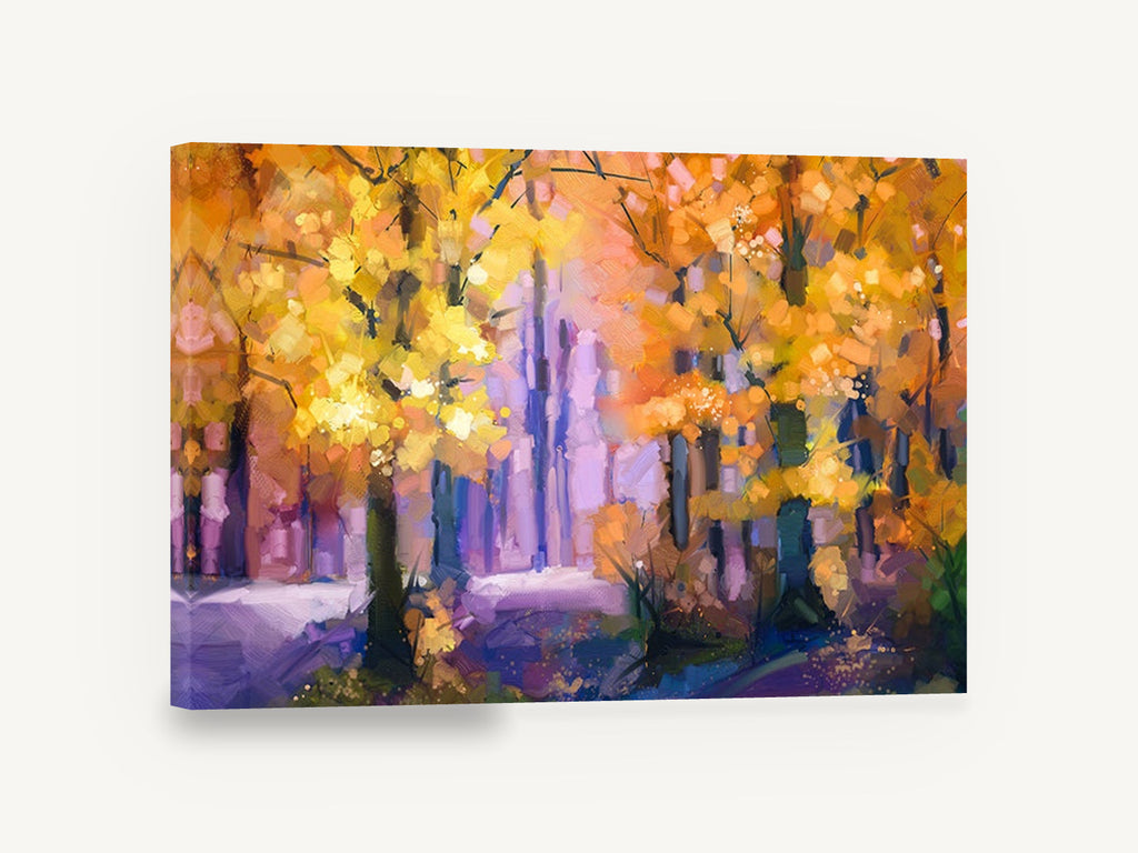 Amber Grove Glow, autumn forest impressionist artwork, landscape canvas wall art print ready to hang