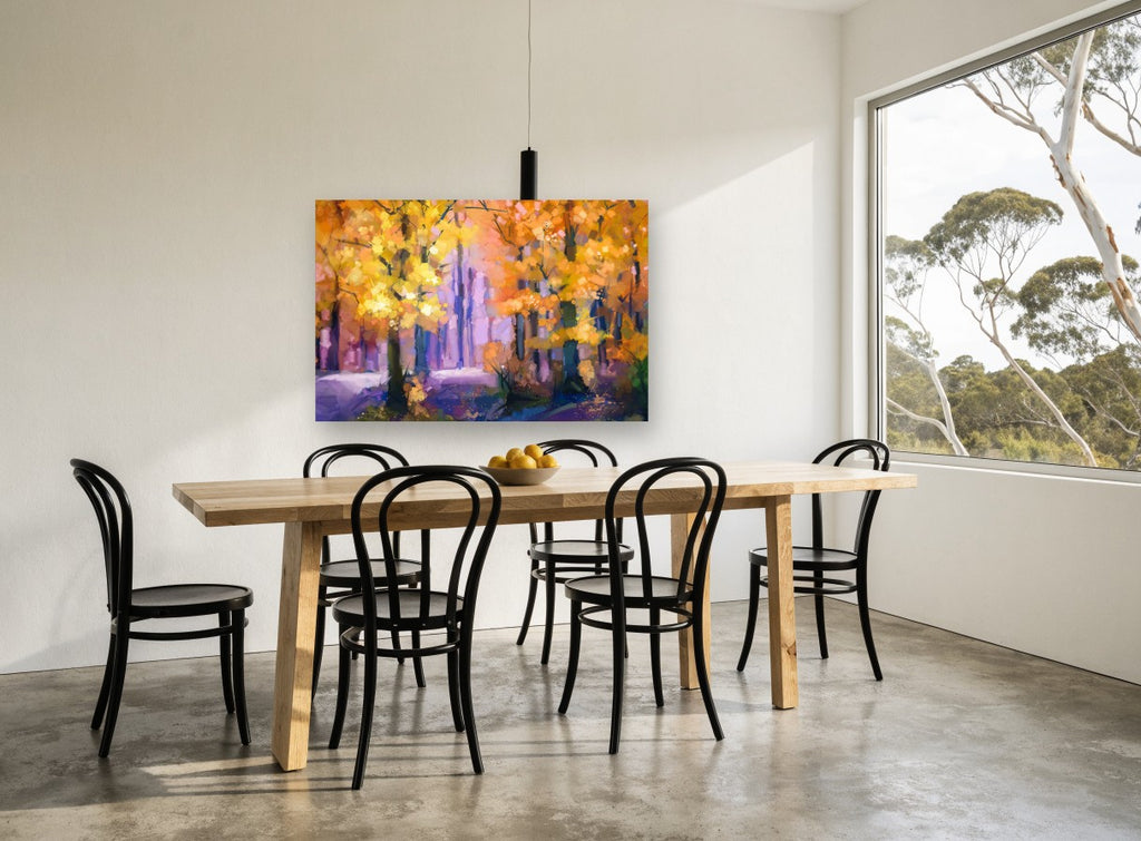 Amber Grove Glow landscape canvas print on the wall of a dining room