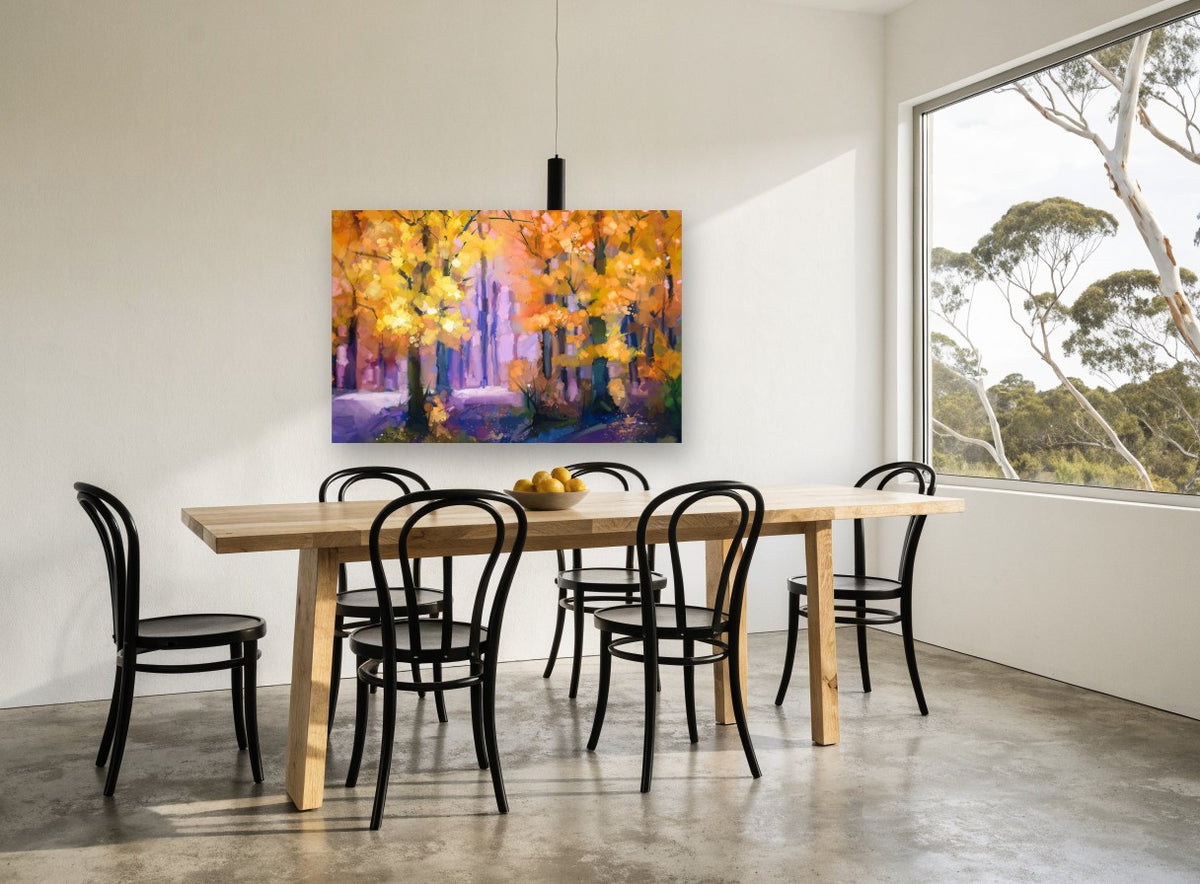 Amber Grove Glow landscape canvas print on the wall of a dining room