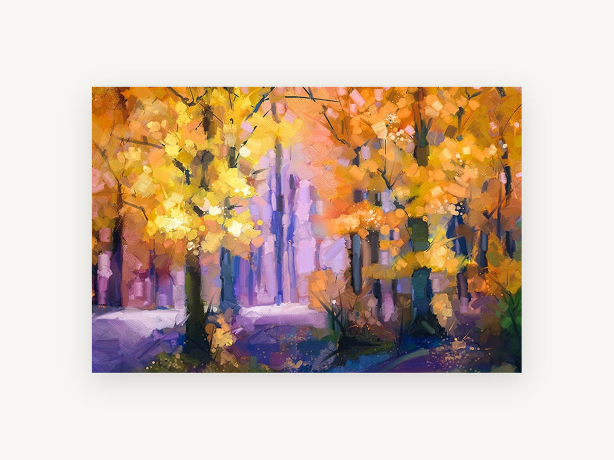 Amber Grove Glow, autumn forest impressionist artwork, landscape canvas wall art print, front view
