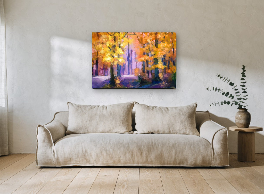 Amber Grove Glow landscape canvas print on the wall of a living room