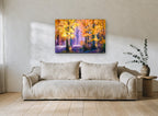 Amber Grove Glow landscape canvas print on the wall of a living room