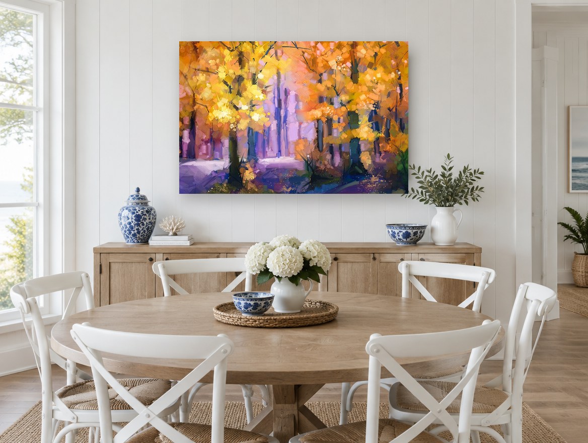 Amber Grove Glow landscape canvas print on the wall of a Hamptons dining room