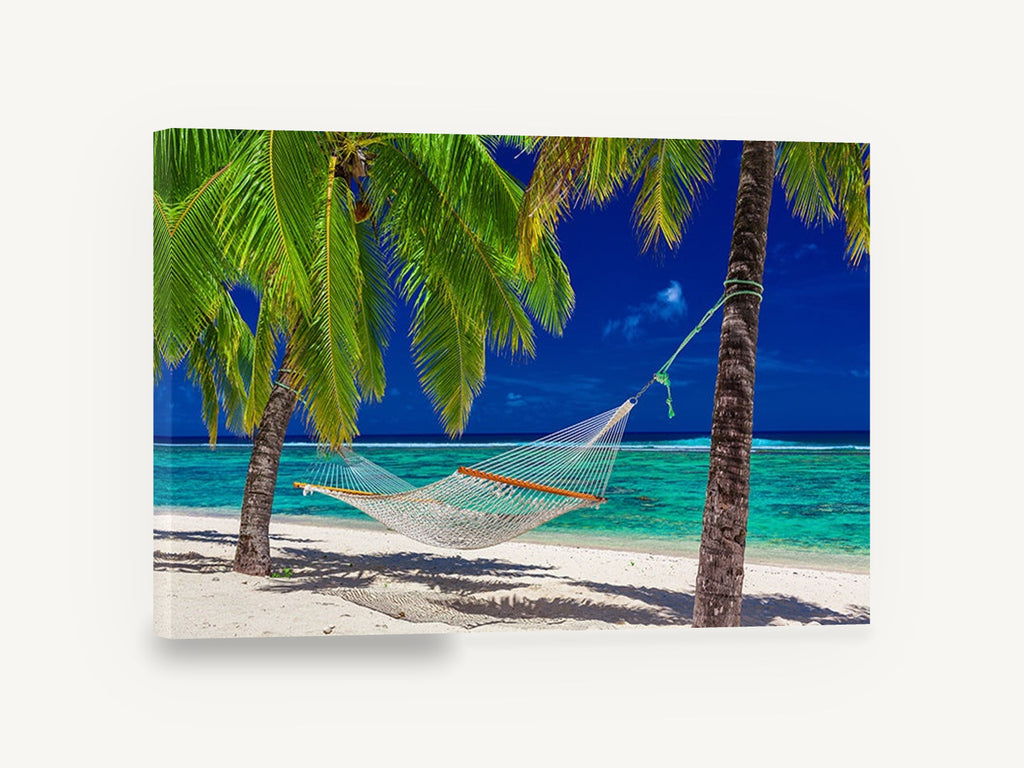 Hammock Between Palms, tropical beach hammock palm photograph, coastal canvas wall art print ready to hang