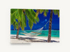 Hammock Between Palms, tropical beach hammock palm photograph, coastal canvas wall art print ready to hang