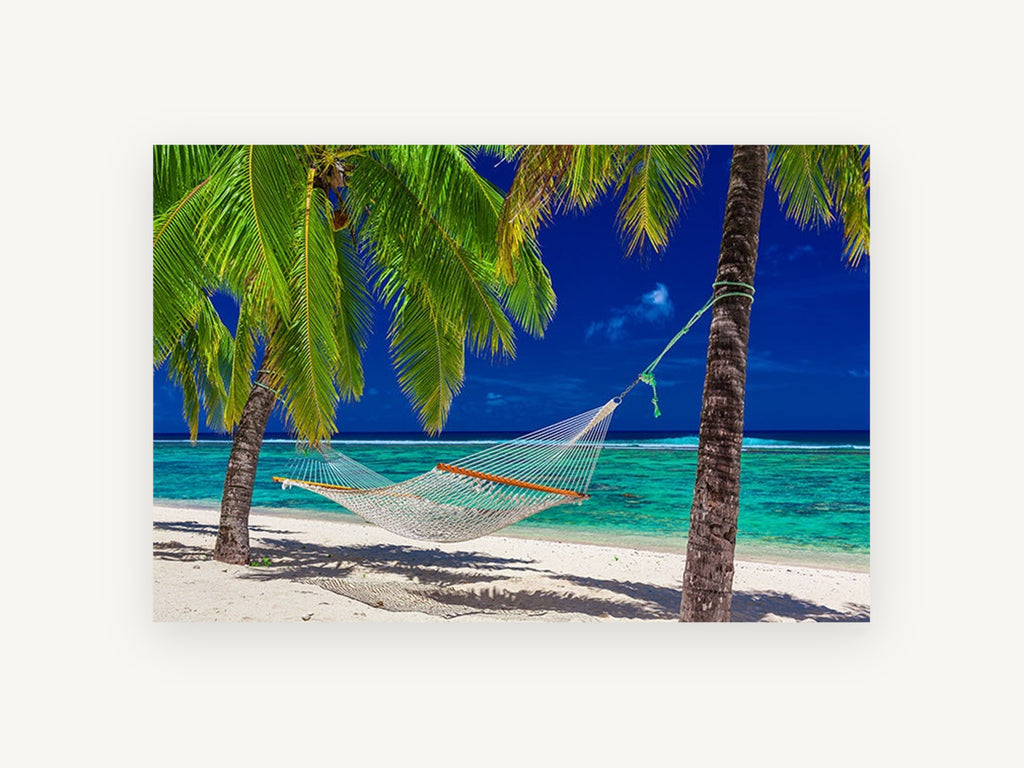 Hammock Between Palms, coastal canvas wall art print, front view