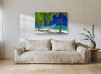 Hammock Between Palms coastal canvas print on the wall of a living room