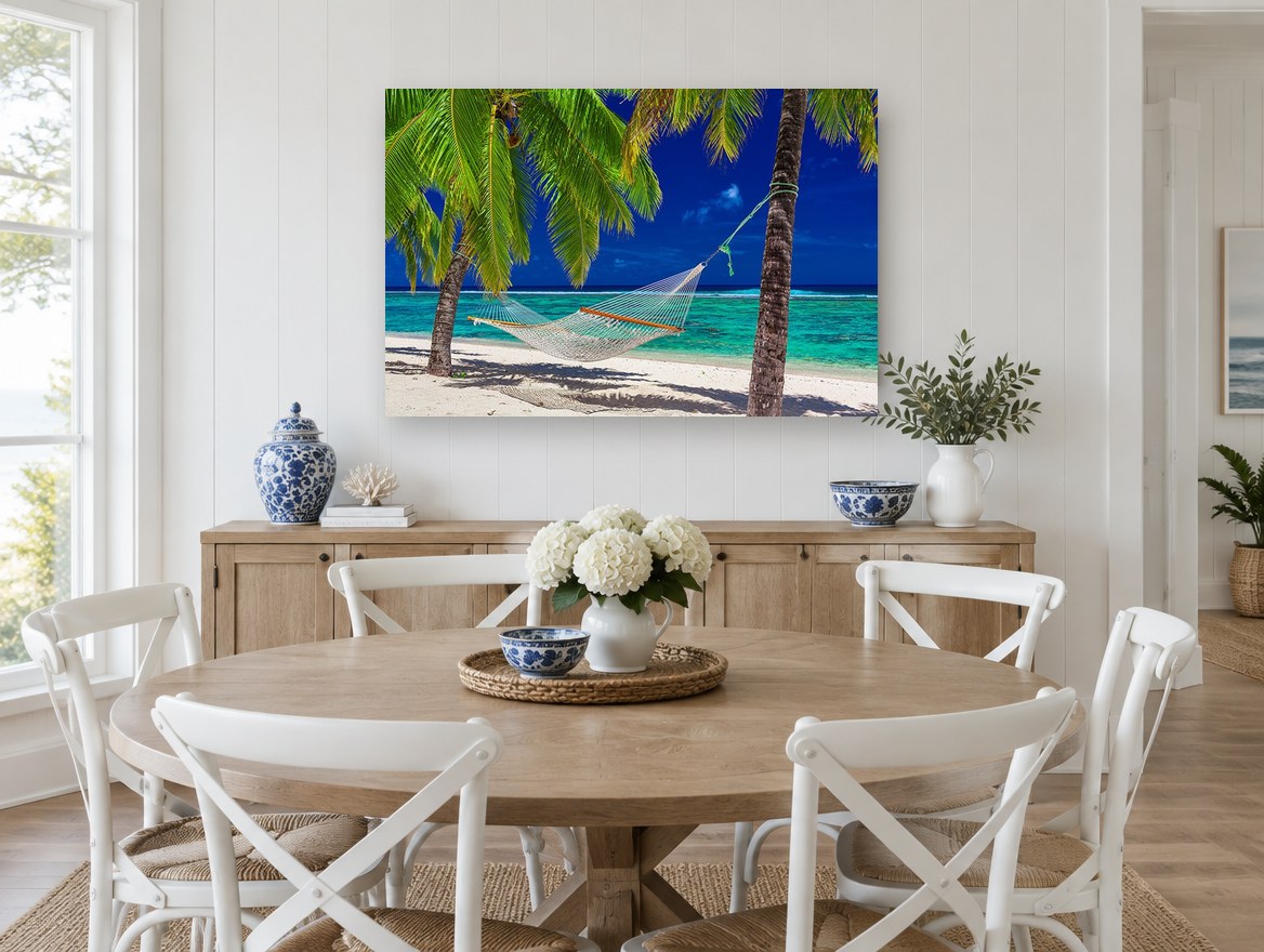 Hammock Between Palms coastal canvas print on the wall of a Hamptons dining room