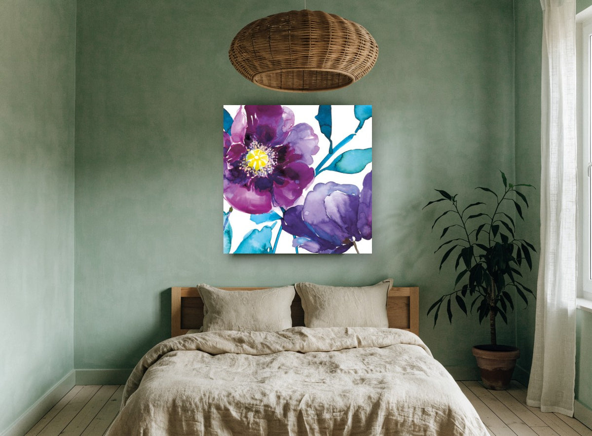 Violet Bloom Wash floral canvas print on the wall of a bedroom