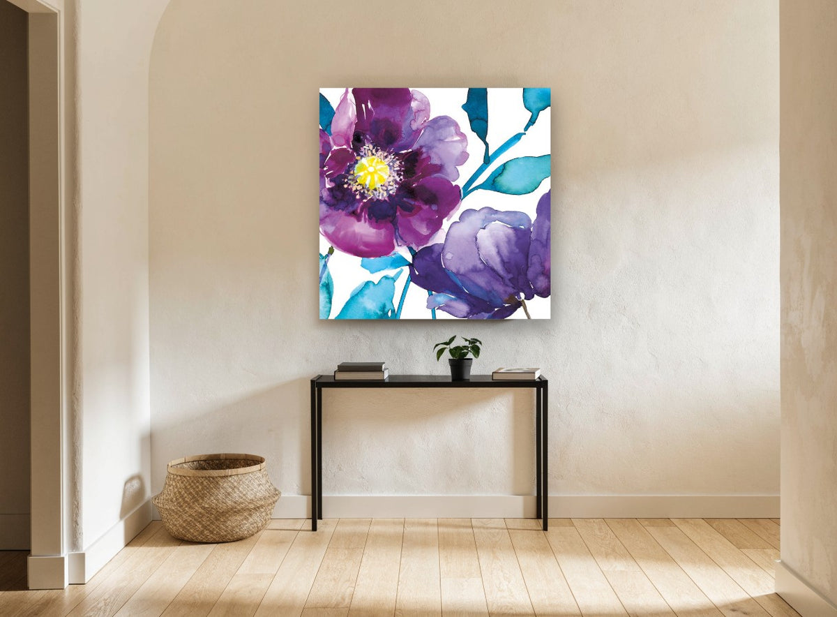 Violet Bloom Wash floral canvas print on the wall of a hallway