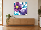 Violet Bloom Wash floral canvas print on the wall of a living room above a sideboard