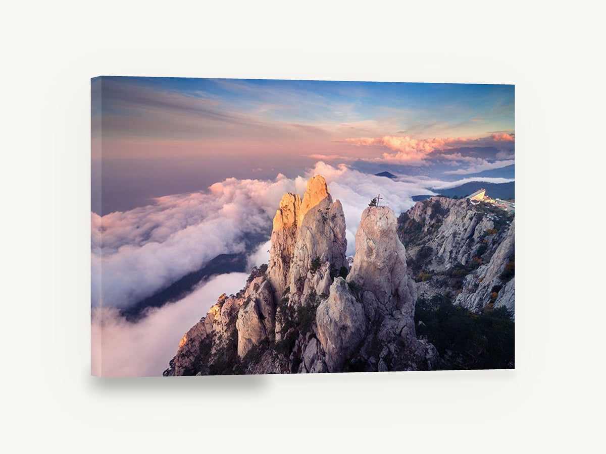 Peaks Above the Clouds, sunset mountain peaks above clouds photograph, landscape canvas wall art print ready to hang