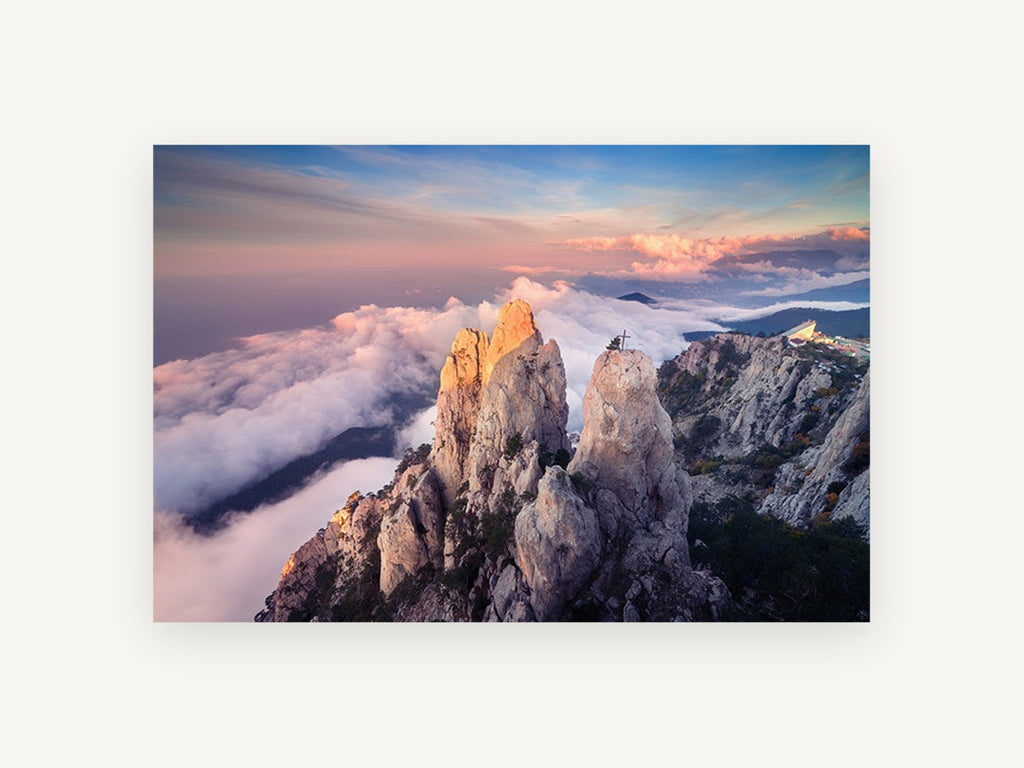 Peaks Above the Clouds, sunset mountain peaks above clouds photograph, landscape canvas wall art print, front view