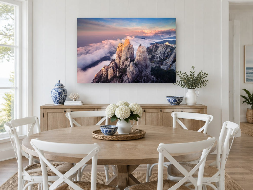 Peaks Above the Clouds landscape canvas print on the wall of a Hamptons dining room