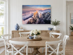 Peaks Above the Clouds landscape canvas print on the wall of a Hamptons dining room