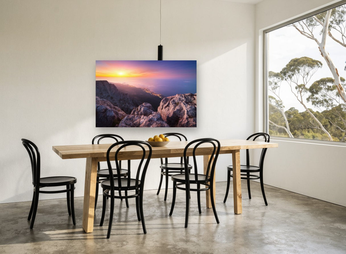 Summit Dusk Over the Coast landscape canvas print on the wall of a dining room