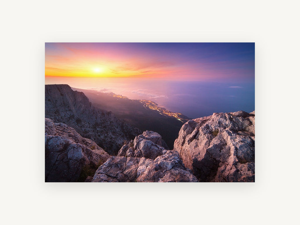 Summit Dusk Over the Coast, mountain summit sunset coastal lights photograph, landscape canvas wall art print, front view