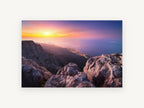 Summit Dusk Over the Coast, mountain summit sunset coastal lights photograph, landscape canvas wall art print, front view