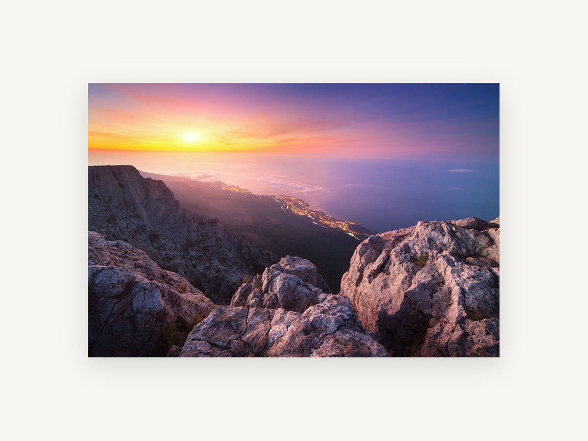 Summit Dusk Over the Coast, mountain summit sunset coastal lights photograph, landscape canvas wall art print, front view