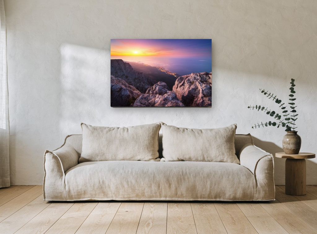 Summit Dusk Over the Coast landscape canvas print on the wall of a living room