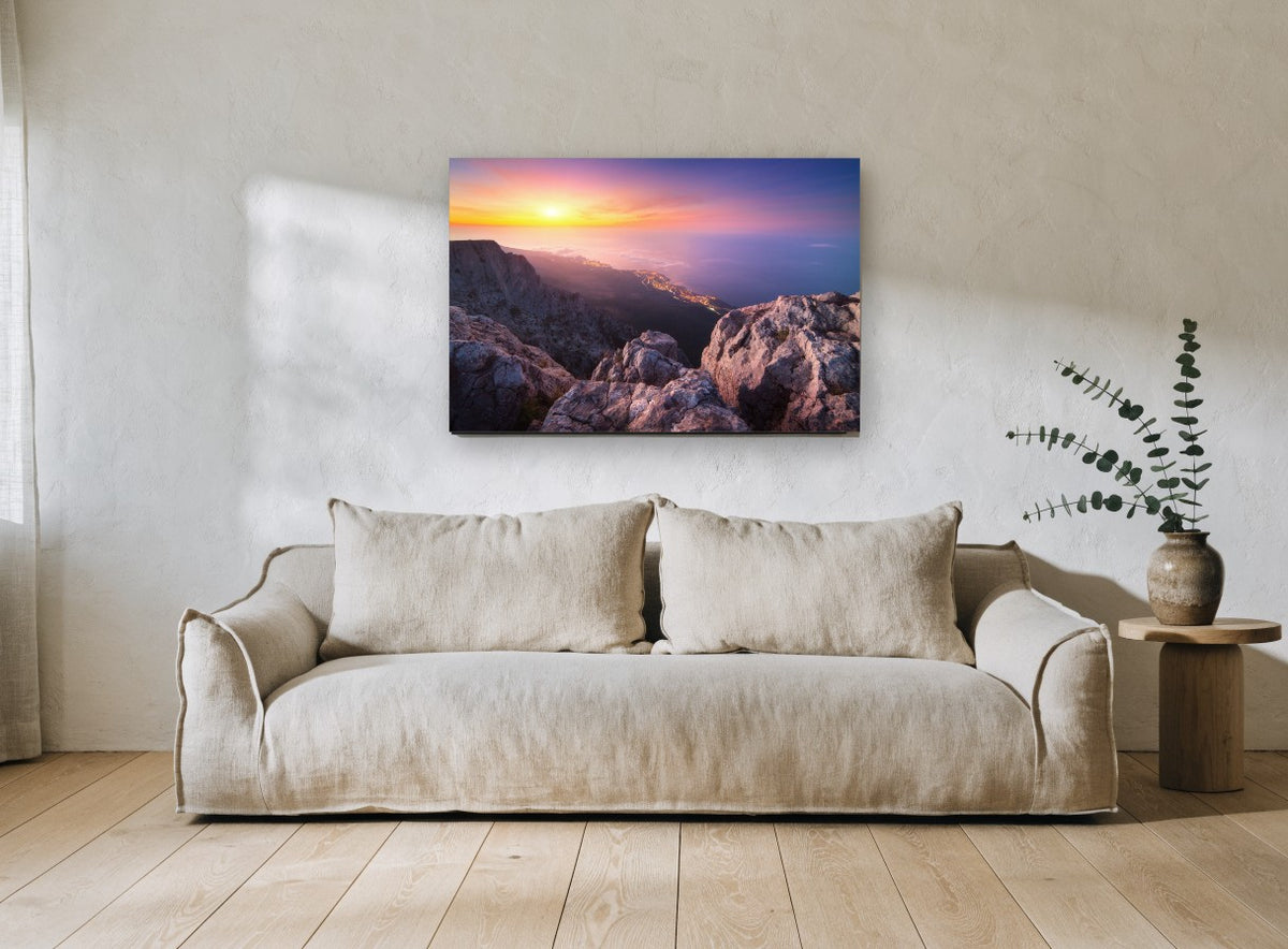Summit Dusk Over the Coast landscape canvas print on the wall of a living room